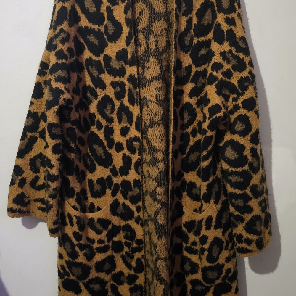 Long Leopard Print Open Cardigan W/pockets